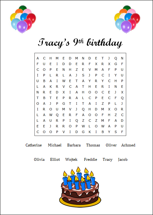 Birthday party word search